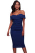 Sexy Royal Blue Ruched Off Shoulder Bodycon Midi Dress